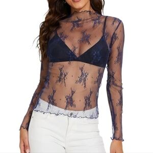 Fairycore Retro Y2K Teal Sheer Lace Mesh Long Sleeve High Neck Lettuce Hem Top